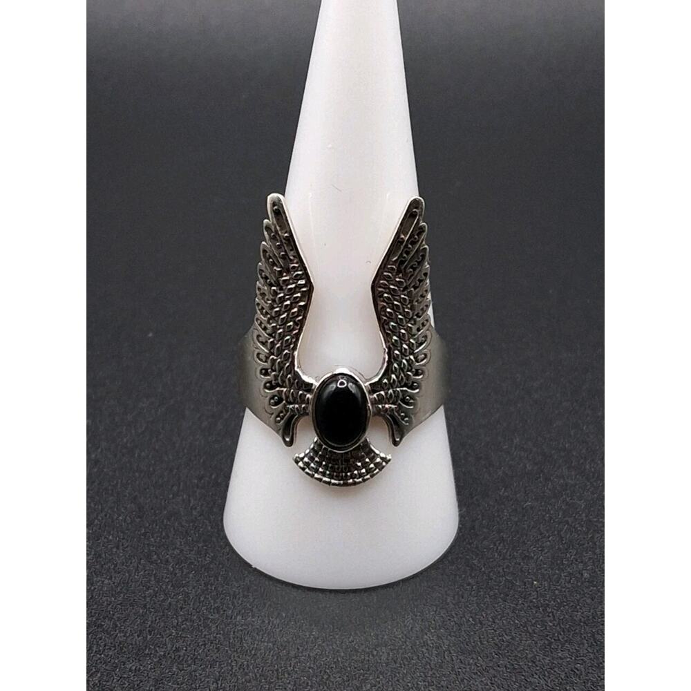 Eagle Wings and Onyx, Size 10, 925 Sterling Silver, Southwest Native Style